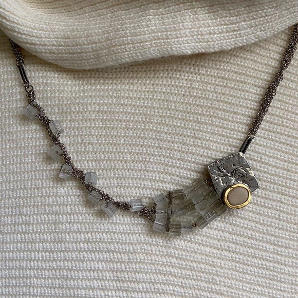 Artisan Pewter/Silver Necklace, with lucite blocks, stone in gold metal, 26” - Picture 4 of 6